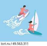 Windsurfing woman and driving on water bike man, back view of people in sea, female surfing and male going on jetski, summer activity and waves vector. Windsurf and Water bike, Ocean Activity Vector. Стоковая иллюстрация, агентство Ingram Publishing / Фотобанк Лори