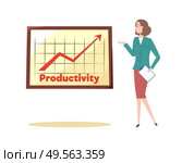 Strategy of businesswoman vector, lady with productivity booster on whiteboard, presentation of collected data, research results presenter with report. Productivity and Success Achievement Strategy. Стоковая иллюстрация, агентство Ingram Publishing / Фотобанк Лори