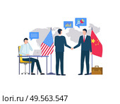 People from us and china representatives vector, men shaking hands, bosses with flags of country. Person sitting by table typing info on laptop flat style. Business betwen USA and China. Partners of China and USA on Conference Agreeing. Стоковая иллюстрация, агентство Ingram Publishing / Фотобанк Лори
