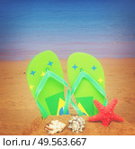 pair of green sandals and starfish in sand isolated on white background, retro toned. green sandals and starfish in sand. Стоковое фото, агентство Ingram Publishing / Фотобанк Лори