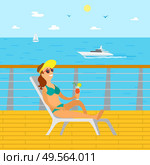 Summer holidays of person vector, relaxing lady wearing hat sunbathing on chaise longue. Sailboat and motor ship on sea water, person with cocktail. Woman Relaxing on Wooden Pier, Lady on Vacation. Стоковая иллюстрация, агентство Ingram Publishing / Фотобанк Лори