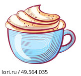 Coffee with whipped cream in cup with handle, cappuccino in pot, drawing caffeine or aroma drink. Sketch of hot beverage in flat design style, tasty vector. Aroma Drink with Whipped Cream, Coffee Vector. Стоковая иллюстрация, агентство Ingram Publishing / Фотобанк Лори