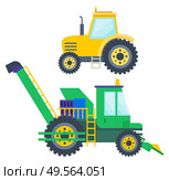 Machinery for farm works vector, isolated machines working on industry. Harvester and tractor. Vehicles for transportation flat style farmers equipment. Agricultural Machinery Tractor and Harvester Set. Стоковая иллюстрация, агентство Ingram Publishing / Фотобанк Лори
