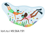 Couple of people wearing bathing suits and swimming goggles snorkeling in turquoise water. Underwater life, coral reef with fish and water plants vector. Couple of People Snorkeling, Underwater Swimming. Стоковая иллюстрация, агентство Ingram Publishing / Фотобанк Лори
