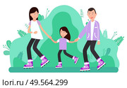 Roller skating family vector, people in park spending time together. Dad and mom with daughter, mother father leading active lifestyle. Smiling character. Family Day Mother Father and Kid Rolling Vector. Стоковая иллюстрация, агентство Ingram Publishing / Фотобанк Лори