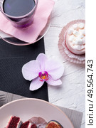 life style concept. Thai blue, Butterfly pea tea served with fresh figs and panna cotta cake and fruit piece of cake on serving napkins. . Стоковое фото, агентство Ingram Publishing / Фотобанк Лори