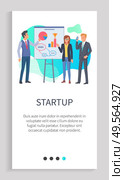 Orator giving ideas of his business project vector. Investors listening to presentation, man showing diagram and infocharts, business strategy. Slider for business app with startup team. Startup Presentation of New Ideas, Orator Web App. Стоковая иллюстрация, агентство Ingram Publishing / Фотобанк Лори
