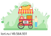 Vending cart with hot dogs. Man selling junk food in kiosk on street. Woman eating outdoors.Tasty sausage with ketchup and mustard colorful vector. Street Food Vending Cart With Hot Dogs Vector. Стоковая иллюстрация, агентство Ingram Publishing / Фотобанк Лори