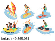 Summer water jet transport by seaside vector, man and woman sitting on banana boat. Windsurfer woman, windsurfing hobby vacation by coast surfer on board. Summertime activity set. Water Fun People by Seaside, Windsurfing and Jet. Стоковая иллюстрация, агентство Ingram Publishing / Фотобанк Лори