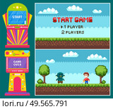 Pixel game, battle of knight with steel and geek. Gamble colorful machine, start and over icons, heroes duel, pixelated interface, green landscape vector. Duel of Knight and Monster, Game Machine Vector. Стоковая иллюстрация, агентство Ingram Publishing / Фотобанк Лори
