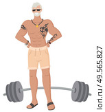 Old grey-haired man in gym vector, isolated senior person with tattoo flat style. Workout weightlifter grandfather hipster bodybuilder training with barbell. Muscles of personage. Hipster Grandfather in Gym, Old Male Bodybuilder. Стоковая иллюстрация, агентство Ingram Publishing / Фотобанк Лори
