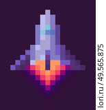 Retro spaceship, pixel art sign in 8 or 16 bit game in dark night sky. Vector starship in universe, pixel-art play and burning rocket ship on purple, pixelated cosmic object for mobile app games. Retro Spaceship, Pixel Art Game Rocket at Night. Стоковая иллюстрация, агентство Ingram Publishing / Фотобанк Лори