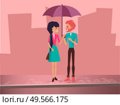 Cute lovely couple on dating holding colorfull umbrella on city street vector illustration. People fell in tender passion and standing near cafe restaurant. Mutual affection concept. Flat cartoon. Cute Lovely Couple Holding Colorfull Umbrella On Street. Стоковая иллюстрация, агентство Ingram Publishing / Фотобанк Лори