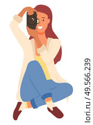Woman photographer with photo camera, creative profession vector. Girl with digital device do photo, photoshooting and photoset, photography or photograph. Photographer, Woman Sitting with Photo Camera. Стоковая иллюстрация, агентство Ingram Publishing / Фотобанк Лори