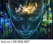 Digital Thoughts. Lucid Mind series. Backdrop of 3D rendering of glowing wire mesh human face for use in projects on artificial intelligence, human consciousness and spiritual AI. Стоковое фото, агентство Ingram Publishing / Фотобанк Лори