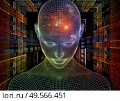 Luminous Thought. Lucid Mind series. Arrangement of 3D rendering of glowing wire mesh human face on theme of artificial intelligence, human consciousness and spiritual AI. Стоковое фото, агентство Ingram Publishing / Фотобанк Лори