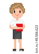 Pixel character vector, isolated woman wearing formal clothes and holding file, documents or book, office worker secretary lady studying, pixelated game personage. Modest Woman Secretary Holding Documents Pixel. Стоковая иллюстрация, агентство Ingram Publishing / Фотобанк Лори