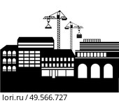Construction of new buildings vector, megapolis expanding cranes with materials for new estates silhouette of cityscape. Skyline of small town flat style. Cityscape Monochrome Buildings and Cranes Vector. Стоковая иллюстрация, агентство Ingram Publishing / Фотобанк Лори