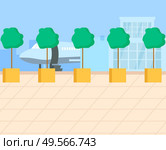 Exterior of airport. Modern glass building of airport with aerodrome and surrounding area. Runway with plane . Air travelling concept vector illustration. Flat cartoon. Airport Building, Plane on Runway Vector Image. Стоковая иллюстрация, агентство Ingram Publishing / Фотобанк Лори