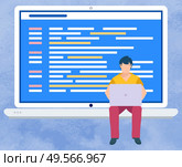 Monitor with code vector, isolated character with laptop looking at screen flat style. Coder creating new application for computers programming it manager. Coding online. Flat cartoon. Freelancer Man Working on Laptop Screen Monitor. Стоковая иллюстрация, агентство Ingram Publishing / Фотобанк Лори
