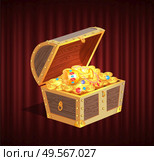 Open dower chest with diamonds, gold and silver coins. 3d view of box with lock and precious sign, brilliant and money in container, loot object vector. Red curtain theater background. Loot Box with Gemstone, Brilliant and Coin Vector. Стоковая иллюстрация, агентство Ingram Publishing / Фотобанк Лори