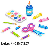 School supplies for painting and doing applications. Stationery as scissors and pencils glue and tassel paint palette. Materials for children to draw. Back to school concept. Flat cartoon isometric 3d. School Supplies for Painting and Application, Glue. Стоковая иллюстрация, агентство Ingram Publishing / Фотобанк Лори