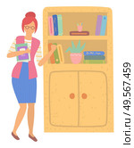 Teacher character standing in classroom near bookshelf with literature, back to school. Woman teaching, learning element, information technology vector. Flat cartoon. Back to School, Teacher and Bookshelf, Book Vector. Стоковая иллюстрация, агентство Ingram Publishing / Фотобанк Лори