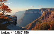 Mountainous landscape with a cliffside tree in autumn at sunrise, vast valley vista with orange trees, beautiful nature footage. Стоковое AI-видео, аниматор Анжелика Самсонова / Фотобанк Лори