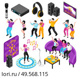 Karaoke party interactive entertainment isometric set with people singing along recorded music  loudspeakers video screen vector illustration. Стоковая иллюстрация, агентство Ingram Publishing / Фотобанк Лори