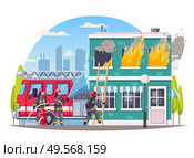 Firefighters cartoon round composition with cityscape background and burning house with firemen crew putting blaze out vector illustration. Стоковая иллюстрация, агентство Ingram Publishing / Фотобанк Лори