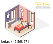 High temperature concept with first aid steps symbols isometric vector illustration. Стоковая иллюстрация, агентство Ingram Publishing / Фотобанк Лори
