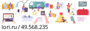 Utility services set with flat icons of community facilities infrastructure elements human characters and payment bills vector illustration. Стоковая иллюстрация, агентство Ingram Publishing / Фотобанк Лори
