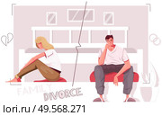 Divorce people flat composition with indoor scenery and characters of divorced couple with broken heart icons vector illustration. Стоковая иллюстрация, агентство Ingram Publishing / Фотобанк Лори