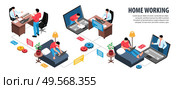 Isometric working home infographics with editable text and flowchart composition of self-employed people workplace images vector illustration. Стоковая иллюстрация, агентство Ingram Publishing / Фотобанк Лори
