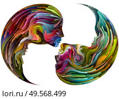 Soul Mates series. Distinct male and female facial features and negative silhouettes joined into parts of yin yang shape symbol of brushstrokes of digital paint. Illustration on subject of love, romance, art and forces in Nature. Стоковое фото, агентство Ingram Publishing / Фотобанк Лори