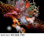3D Rendering of abstract Coronavirus virus particle and three-dimensional abstract elements on the subject of interaction of viral bodies and micro environment or immune system. Стоковое фото, агентство Ingram Publishing / Фотобанк Лори