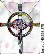 Texture of Belief. Cross of Stained Glass series. Interplay of organic church window color pattern related to fragmented unity of Crucifixion of Christ and Nature. Стоковое фото, агентство Ingram Publishing / Фотобанк Лори