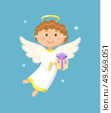 Angel holding gift box with ribbon, portrait view of flying angelic character in white clothes, kid with wings and nimbus, holiday papercard. Tooth Fairy. Vector illustration in flat style. Holiday Papercard Angle Holding Gift Box Vector. Стоковая иллюстрация, агентство Ingram Publishing / Фотобанк Лори