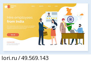 Man hiring employees from oriental countries, indian workers on interview with director of organization. Businessman with people, recruiting. Website or webpage template, landing page flat style. Hire Employees from India Meeting Interview Web. Стоковая иллюстрация, агентство Ingram Publishing / Фотобанк Лори