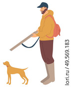 Huntsman with rifle and hunting dog pointer isolated. Bearded man and puppy purebred for hunt, pedigree hound or retriever. Vector illustration in flat cartoon style. Hunting Dog Pointer Isolated Cartoon Animal Vector. Стоковая иллюстрация, агентство Ingram Publishing / Фотобанк Лори