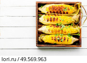 Tasty grilled corn cobs.Delicious grilled mexican corn. Grilled sweet corn cob. Стоковое фото, агентство Ingram Publishing / Фотобанк Лори