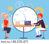 Meeting of business partners, man and woman dealing with working tasks and assignments. Secretary with laptop clock and cogwheel with lightbulb. Vector illustration in flat cartoon style. Seminar Business Conference of Partners Meeting. Стоковая иллюстрация, агентство Ingram Publishing / Фотобанк Лори