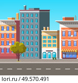 City street vector, empty town with old houses and buildings with fancy rooftops. Urban area residential constructions, skyscrapers and tree decor. Cityscape with houses facades. Flat cartoon. Cityscape with Empty Street and Green Tree Plant. Стоковая иллюстрация, агентство Ingram Publishing / Фотобанк Лори