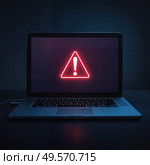 Ноутбук с символом предупреждения и потенциальной опасности на экране / Laptop with a red triangle and exclamation mark on the screen. Стоковое AI-изображение, AI-художник Валерий Лукин / Фотобанк Лори