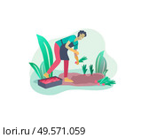 Harvesting and gardening people, man doing farming and garden job, planting, lay ripe vegetables to box. Reaping crop concept. Harvesting and gardening people doing farming and garden job, pick berries, remove weeds, watering, planting, growing and transplant sprouts, lay ripe vegetables to box. Reaping crop. Стоковая иллюстрация, агентство Ingram Publishing / Фотобанк Лори