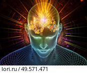 Enlightened Thought. Lucid Mind series. Abstract design made of 3D rendering of glowing wire mesh human face relevant for artificial intelligence, human consciousness and spiritual AI. Стоковое фото, агентство Ingram Publishing / Фотобанк Лори