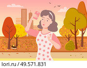 Female character taking photo in city park vector, woman holding smartphone gesturing and smiling. Positive girl with trees in autumn, fall season flat style. Lady do selfie in autumnal park. Woman Taking Selfie in Autumn Park on Phone Vector. Стоковая иллюстрация, агентство Ingram Publishing / Фотобанк Лори