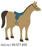 Horse mammal vector, isolated animal with seat for rider. Flat style mane standing and looking at side, stallion strong pet from farm equestrian sports. Horse Animal with Equipment for Equine Sports. Стоковая иллюстрация, агентство Ingram Publishing / Фотобанк Лори