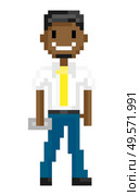 Superhero wearing suit holding object, portrait and full length view of smiling pixel man, geometric boy game character, vector. Pixeleted character for video-game or app 8bit game. Pixel Man in Suit with Object, Superhero Vector. Стоковая иллюстрация, агентство Ingram Publishing / Фотобанк Лори