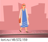 Woman walking on street near road. On background silhouettes of city buildings. Border separate pathway and asphalted roadway. Person in blue dress and pink cardigan. Vector illustration in flat style. Woman Walking on Street, Silhouettes of Buildings. Стоковая иллюстрация, агентство Ingram Publishing / Фотобанк Лори